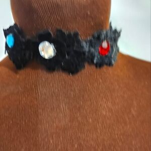 Hand Crafted Choker Necklace Black Velvet Crystals Pink Purple Red Green Blue